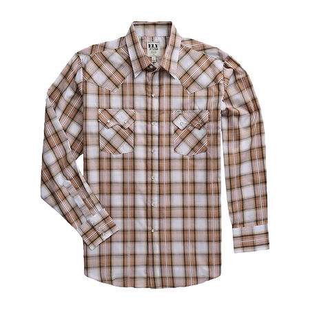 Ely Cattleman Textured Plaid Mens Long Sleeve Western Shirt, Large, Beige