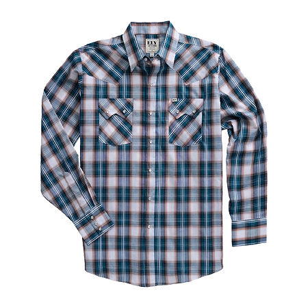 Ely Cattleman Textured Plaid Tall Mens Long Sleeve Western Shirt In Blue