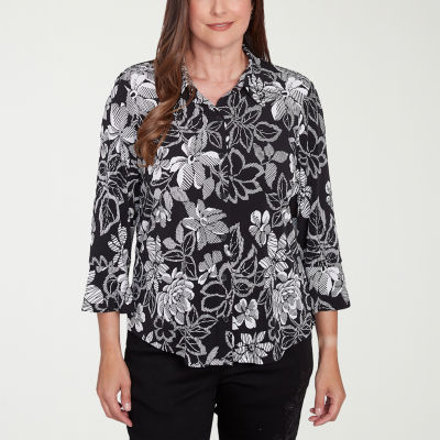 Alfred Dunner Wild At Heart Womens 3/4 Sleeve Button-Down Shirt