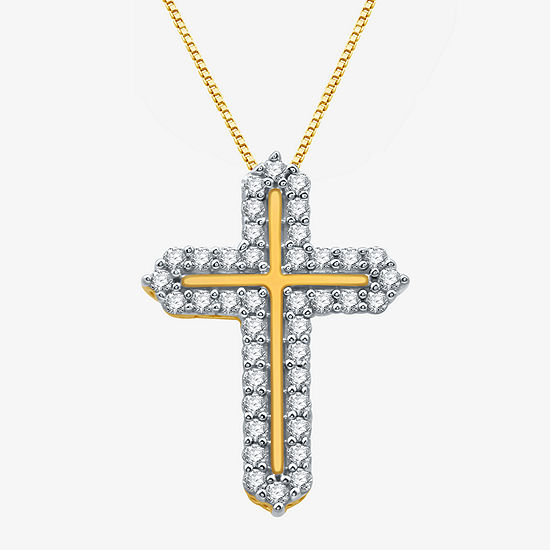 Womens 1/4 CT. T.W. Mined Diamond 10K Gold Cross Pendant Necklace