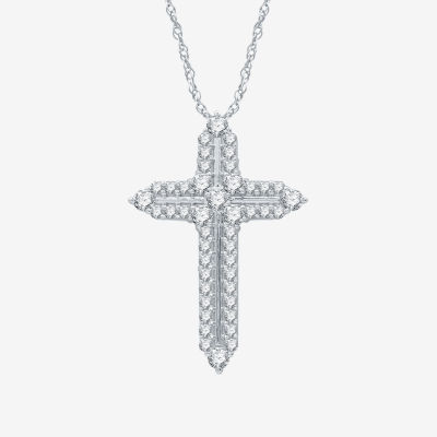 (H-I / I1) Womens 1 CT. T.W. Lab Grown White Diamond Sterling Silver Cross 18 Inch Pendant Necklace