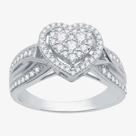 I Said Yes (H-I / I1) Womens 1/2 CT. T.W. Lab Grown White Diamond Sterling Silver Heart Side Stone Halo Engagement Ring, 6