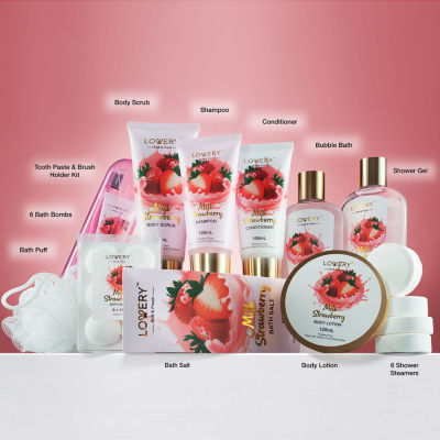LOVERY™ Strawberry Milk Home Bath Gift Set - 25pc Tote Bag Gift