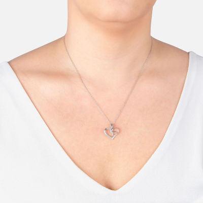 Silver Treasures Cubic Zirconia Sterling Silver Cross Heart Pendant Necklace