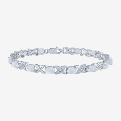 Diamond Accent Lab Created White Opal Sterling Silver Oval Tennis Bracelet