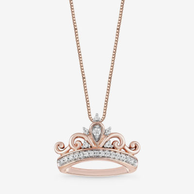 Enchanted Disney Fine Jewelry Womens 1/10 CT. TW Mined White Diamond 10K Rose  Gold Over Silver Crown Princess Pendant Necklace