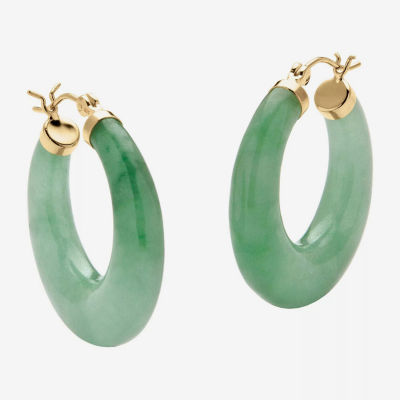 Genuine Green Jade 14K Gold Over Silver 31mm Hoop Earrings