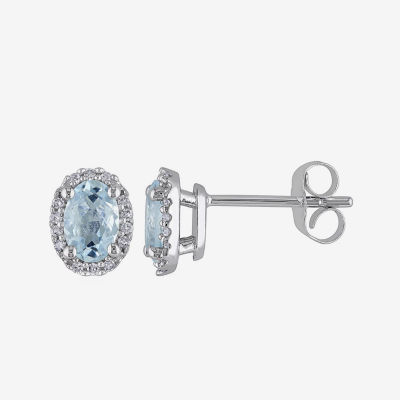 Oval Genuine Aquamarine and Diamond-Accent 10K White Gold Halo Earrings