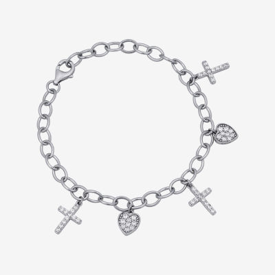 Diamonart White Cubic Zirconia Sterling Silver Cross Heart Charm Bracelet