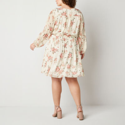 Premier Amour Plus Floral Clip-Dot Long Sleeve Fit + Flare Dress