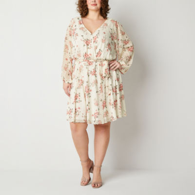 Premier Amour Plus Floral Clip-Dot Long Sleeve Fit + Flare Dress