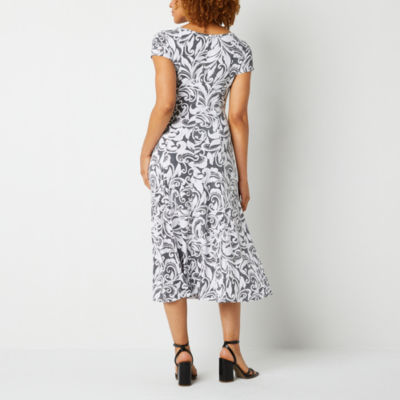 Perceptions Short Sleeve Scroll Puff Print Midi Fit + Flare Dress