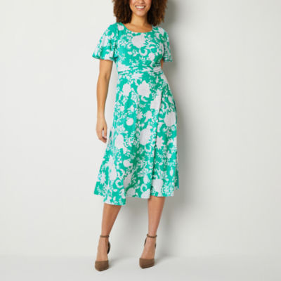 Perceptions Short Sleeve Floral Puff Print Midi Fit + Flare Dress