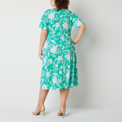 Perceptions Plus Short Sleeve Floral Puff Print Midi Fit + Flare Dress