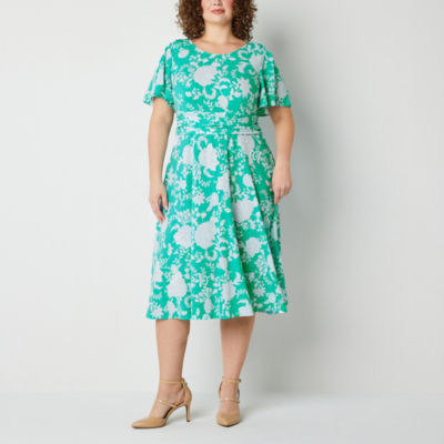 Perceptions Plus Short Sleeve Floral Puff Print Midi Fit + Flare Dress