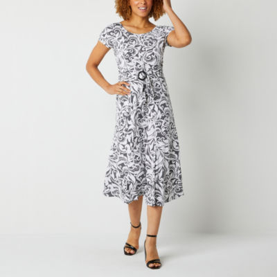 Perceptions Petite Short Sleeve Scroll Puff Print Midi Fit + Flare Dress