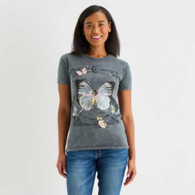 Butterfly Boyfriend Tee Womens Juniors Crew Neck Short Sleeve Regular Fit Graphic T-Shirt