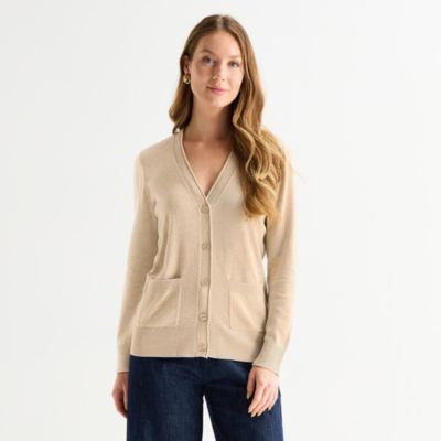 Liz Claiborne Womens V Neck Long Sleeve Button Cardigan
