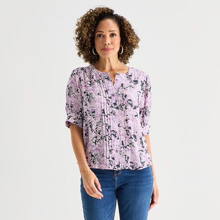 Liz Claiborne Womens Crew Neck Short Sleeve Blouse In Purple