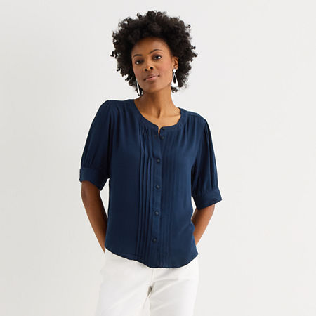 Liz Claiborne Womens Crew Neck Short Sleeve Blouse In Blue