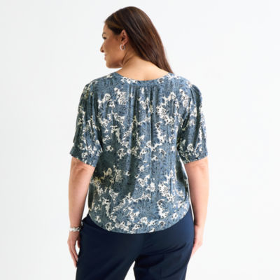Liz Claiborne Womens Plus Split Crew Neck Short Sleeve Blouse