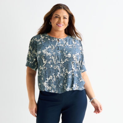 Liz Claiborne Womens Plus Split Crew Neck Short Sleeve Blouse