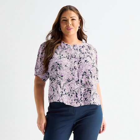 Liz Claiborne Womens Plus Crew Neck Short Sleeve Blouse In Purple