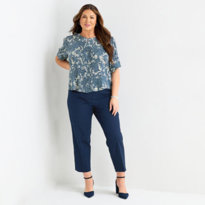 Liz Claiborne Womens Plus Split Crew Neck Short Sleeve Blouse