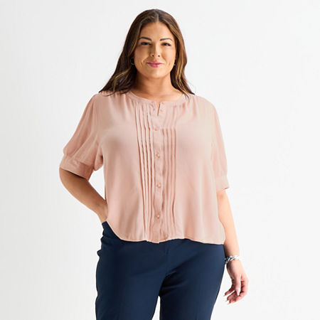 Liz Claiborne Womens Plus Crew Neck Short Sleeve Blouse In Pink