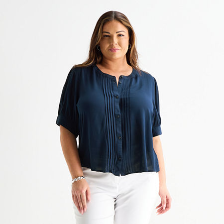 Liz Claiborne Womens Plus Crew Neck Short Sleeve Blouse In Blue