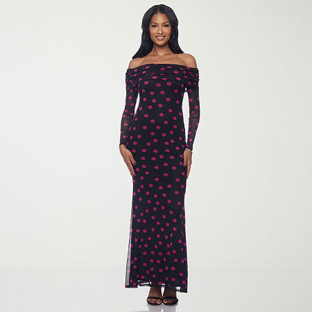 Premier Amour Womens Long Sleeve Polka Dot Maxi Dress In Black