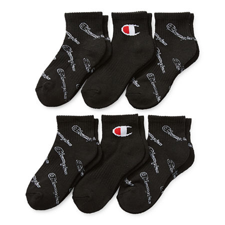 Champion 6 Pair Quarter Ankle Socks Boys, 9-11, Black