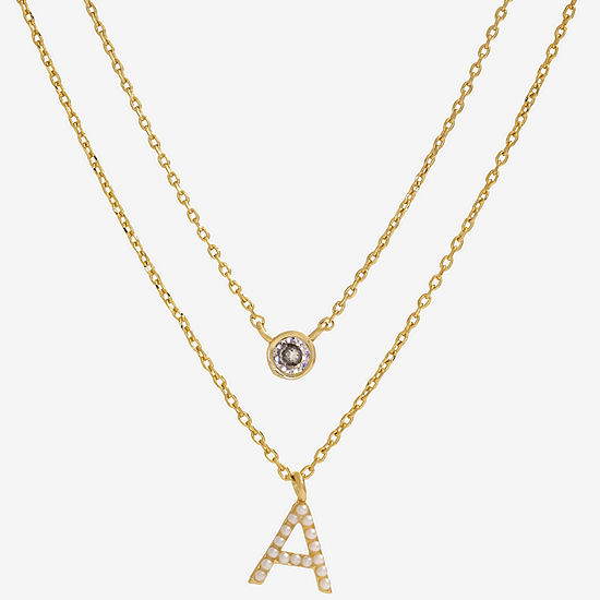 Sparkle Allure Initial Cubic Zirconia Simulated Pearl 14K Gold Over Brass 16 Inch Link Strand Necklace