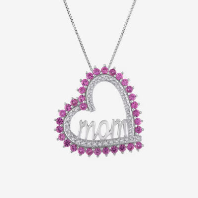 Mom" Womens Lab Created Pink Sapphire Sterling Silver Heart 18 Inch Pendant Necklace