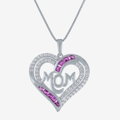 Mom" Womens Lab Created Pink Sapphire Sterling Silver Heart Pendant Necklace