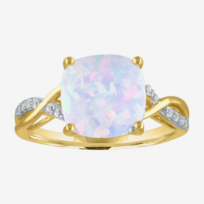 Womens Lab Created White Opal 10K Gold Cocktail Ring