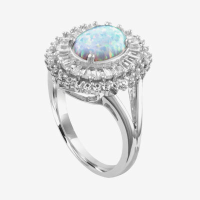 Womens Lab Created White Opal Sterling Silver Cocktail Ring