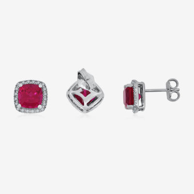 Lab-Created Ruby & Lab-Created White Sapphire Sterling Silver Halo Stud Earrings