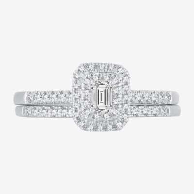1/2 CT.T.W. Natural Diamond Side Stone Halo Bridal Set in 10K or 14K Gold