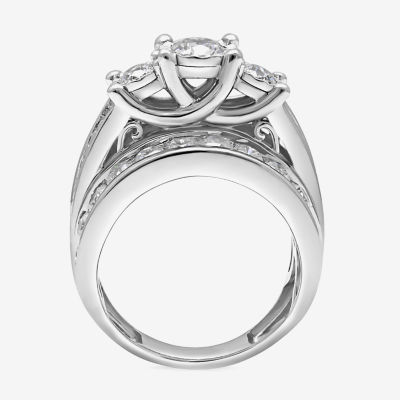 Womens 4 CT.T.W. Natural Diamond Gold Round Side Stone 3-Stone Engagement Ring