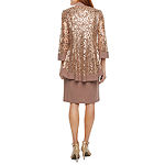 R & M Richards 3/4 Sleeve Sequin Jacket Dress with Removable Necklace
