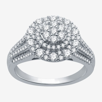 Diamond Blossom Womens 1 CT. T.W. Natural 10K White Gold Round Halo Cocktail Ring