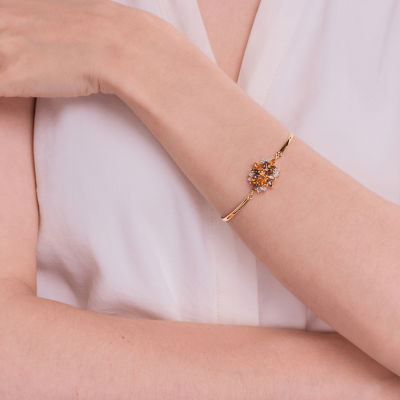 Womens Genuine Yellow Citrine 18K Gold Over Silver Flower Bangle Bracelet