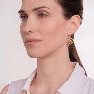 Womens Yellow Citrine 18K Gold Over Silver Flower Drop Earrings