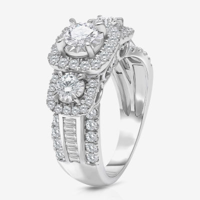 (I / I1) Love Lives Forever Womens 2 CT. T.W. Lab Grown White Diamond 10K or 14K White Gold Cushion Side Stone 3-Stone Engagement Ring