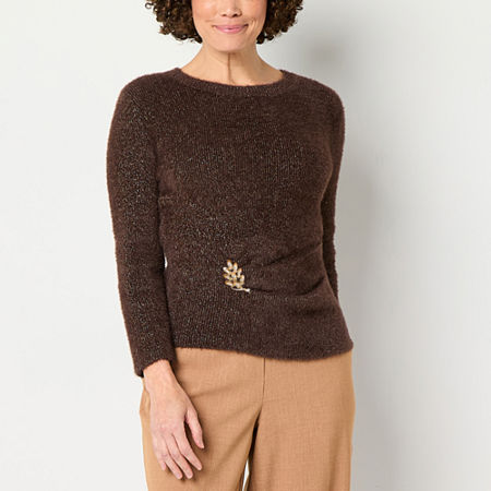 Liz Claiborne Womens Crew Neck Long Sleeve Pullover Sweater, Petite Large, Brown