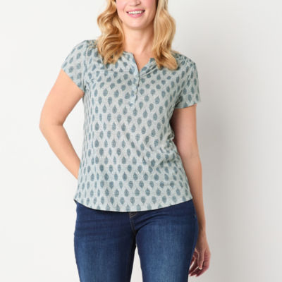 Liz Claiborne Womens Split Crew Neck Short Sleeve Blouse