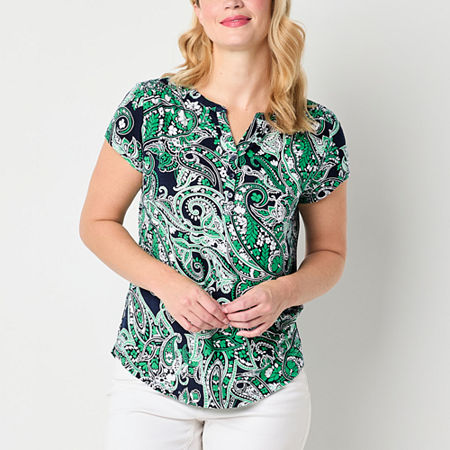 Liz Claiborne Womens Split Crew Neck Short Sleeve Blouse, Petite X-large, Blue