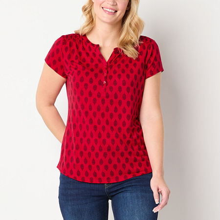 Liz Claiborne Petite Womens Split Crew Neck Short Sleeve Blouse, Petite Small, Red