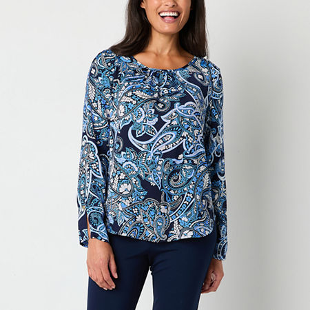 Liz Claiborne Womens Round Neck Long Sleeve Satin Blouse, Petite X-large, Blue